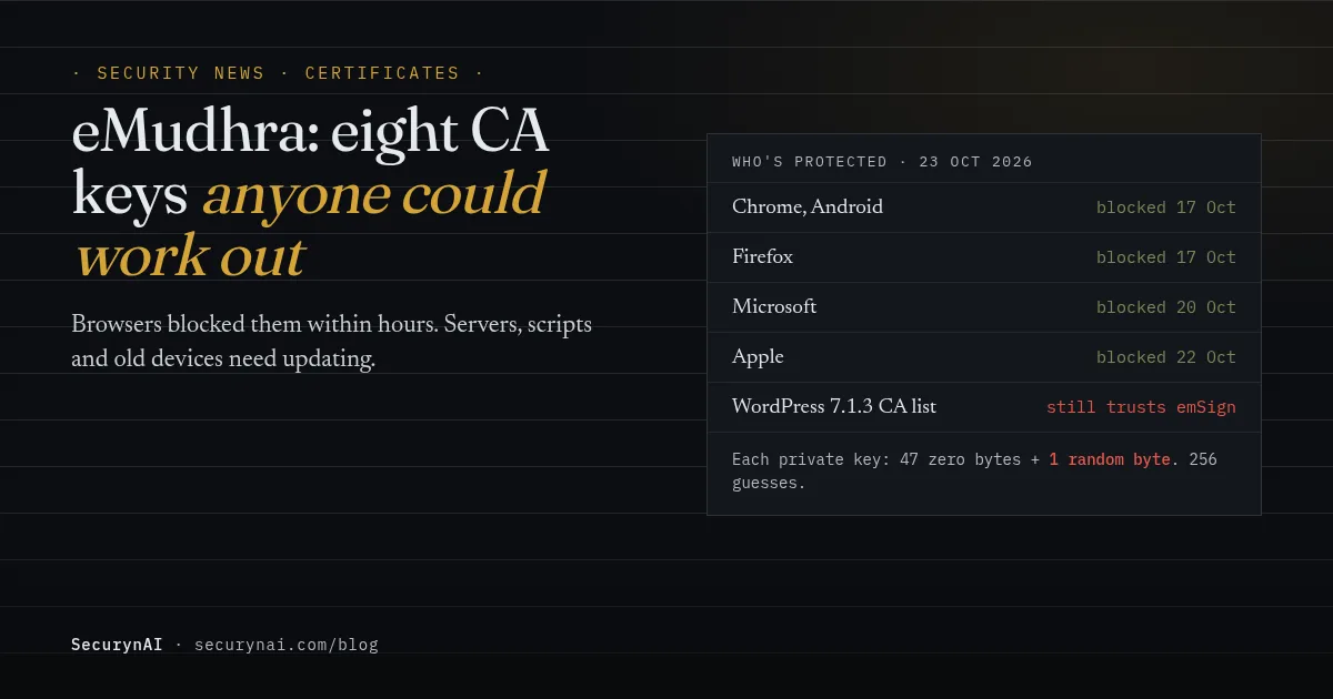 eMudhra certificate compromise: eight intermediate CA private keys, six for websites and two for code signing, could be worked out from the public certificates. Browsers blocked them on 17 October 2026; Chrome removes emSign ECC Root CA - G3 on 27 October