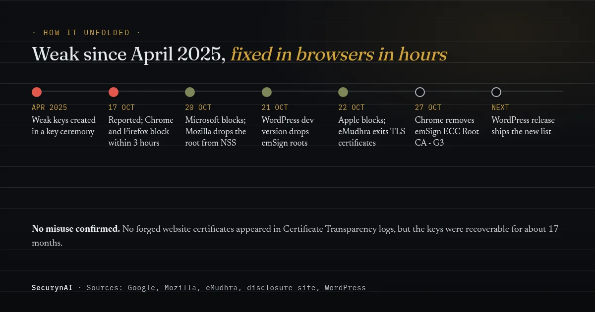 eMudhra compromise timeline: April 2025 weak keys created; 17 October 2026 reported, Chrome blocks within two hours and Firefox within three; 20 October Microsoft blocks and Mozilla removes the root from NSS; 21 October WordPress's development version drops the emSign roots; 22 October Apple blocks and eMudhra says it will leave the TLS certificate business; 27 October Chrome removes emSign ECC Root CA - G3