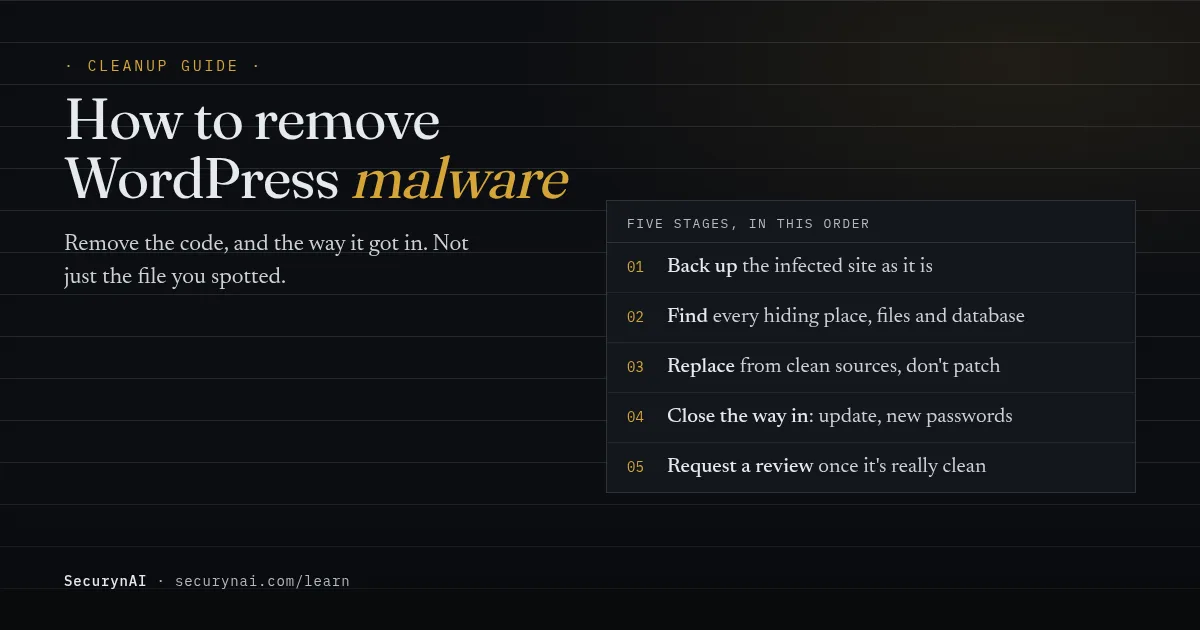 How to remove WordPress malware in five stages: back up the infected site, find every hiding place, replace from clean sources, close the way in, then request a review