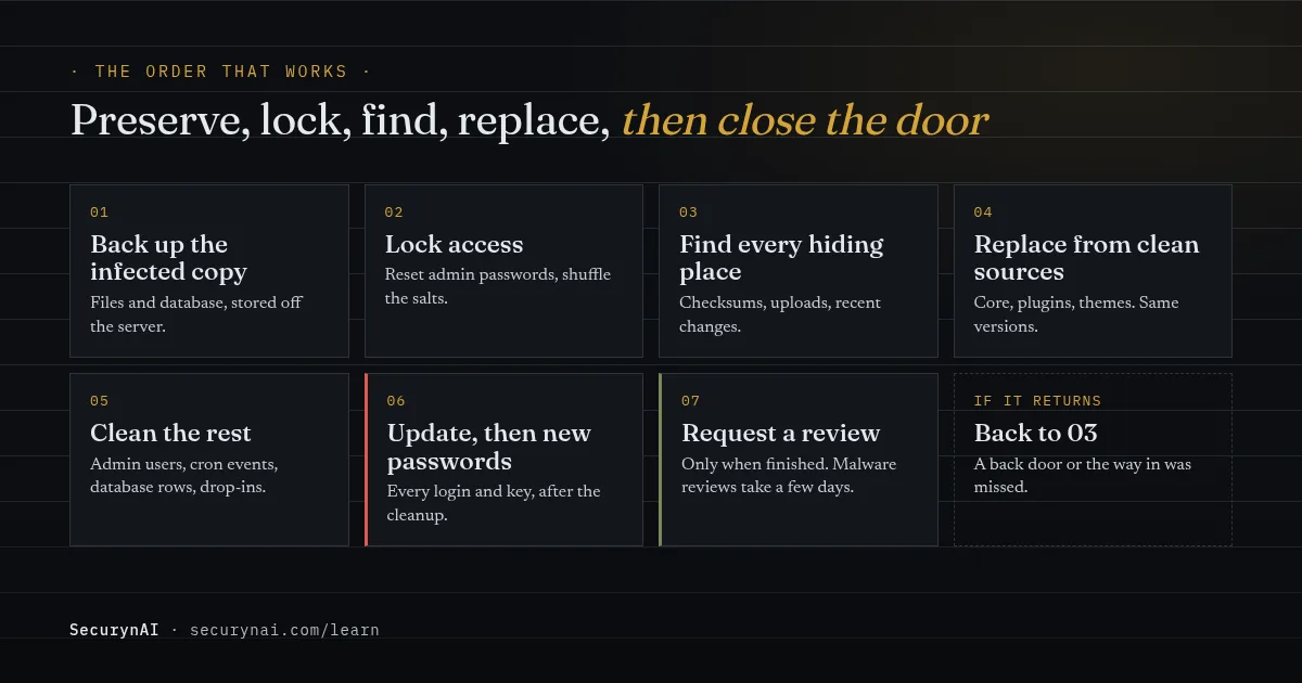 WordPress malware removal order: 1 back up the infected copy, 2 lock access, 3 find every hiding place, 4 replace core, plugins and themes from clean sources, 5 clean users, scheduled tasks and the database, 6 update and change passwords again, 7 request a Google review